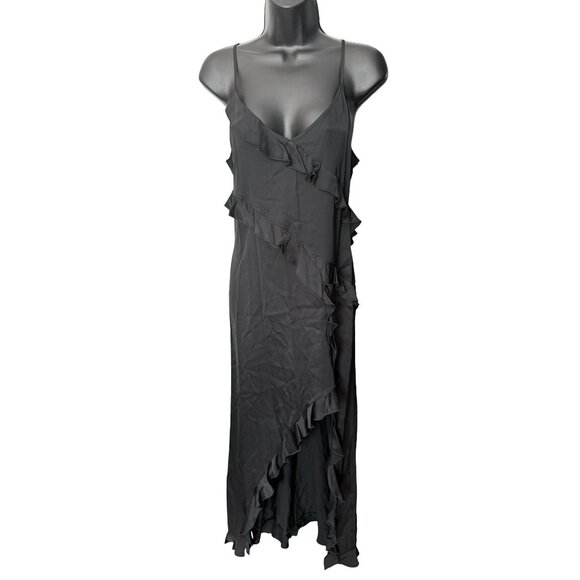 NWT The Kooples Black Long Ruffle Slip Dress Asymmetrical Hem‎ Size US 8 - Picture 2 of 13